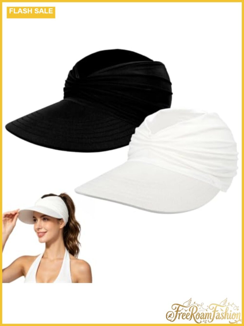 2 Pack Wide Brim Sun Visor Hats for Women UPF 50+ Packable Ponytail Cap Golf